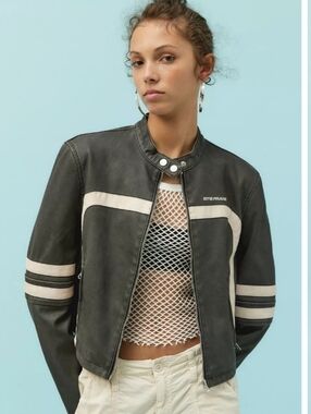 IETS FRANS Black Faux Leather Moto Jacket  White Racing Stripes Urban Outfitters